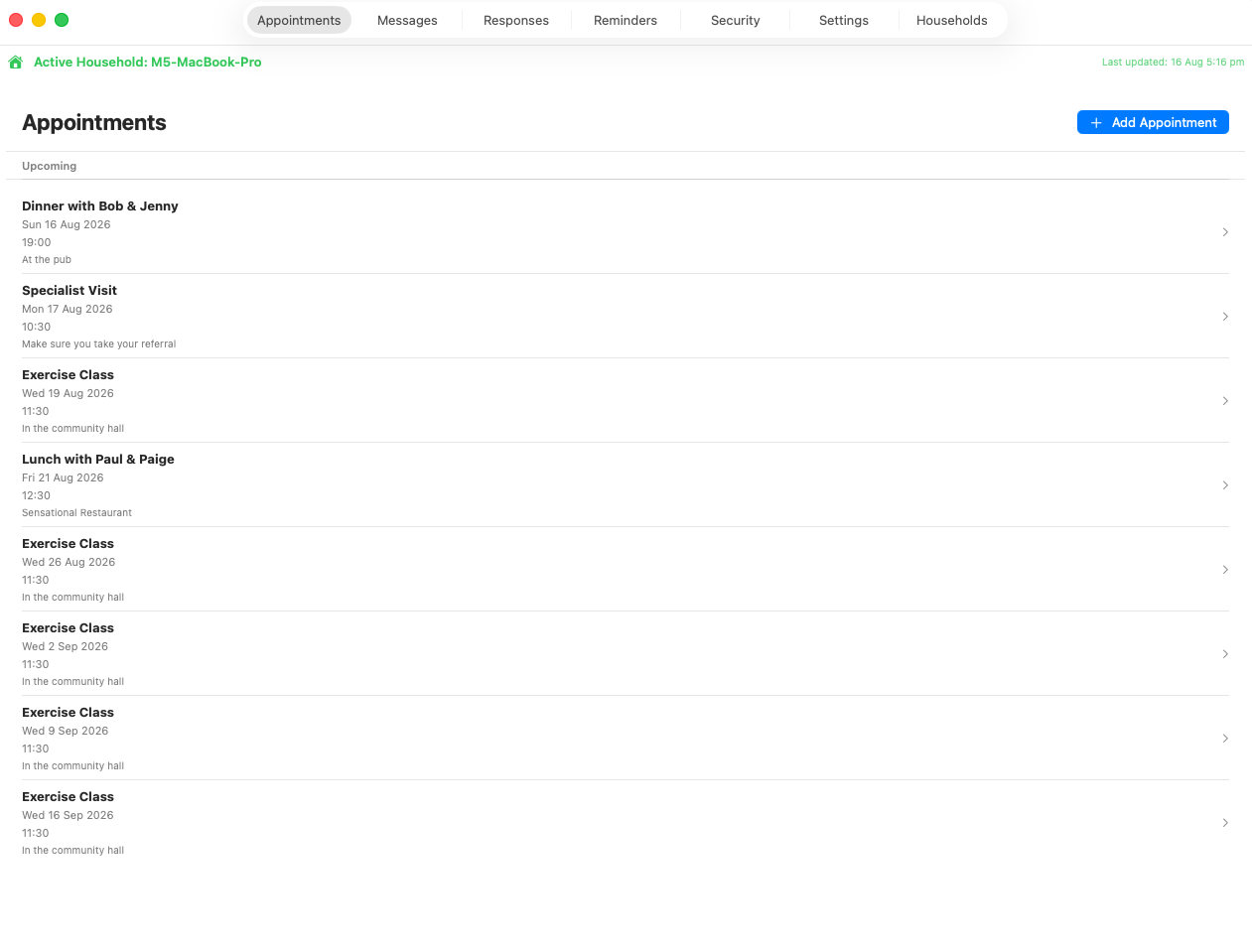 SeniorsAdmin app showing the Appointments tab